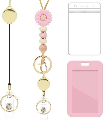 Retractable Lanyard ID Badge Holder - Yellow Bus Lanyard with ID Holder, Cute Teacher Retractable ID Badge Holder with Silicone Beaded Keys Keychain Breakaway Lanyards for Women Nurse Teachers Gifts in Kuwait