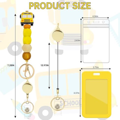 Retractable Lanyard ID Badge Holder - Yellow Bus Lanyard with ID Holder, Cute Teacher Retractable ID Badge Holder with Silicone Beaded Keys Keychain Breakaway Lanyards for Women Nurse Teachers Gifts in Saudi Arabia