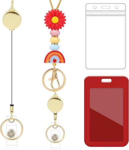 Retractable Lanyard ID Badge Holder - Yellow Bus Lanyard with ID Holder, Cute Teacher Retractable ID Badge Holder with Silicone Beaded Keys Keychain Breakaway Lanyards for Women Nurse Teachers Gifts in Saudi Arabia