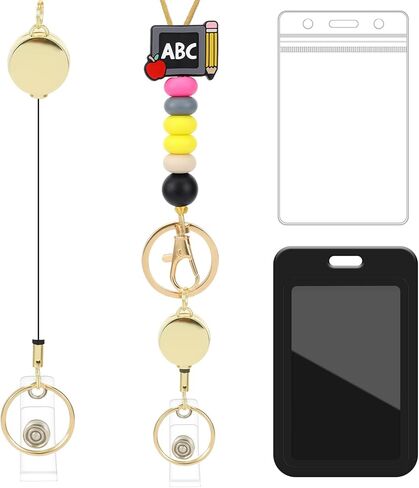 Retractable Lanyard ID Badge Holder - Yellow Bus Lanyard with ID Holder, Cute Teacher Retractable ID Badge Holder with Silicone Beaded Keys Keychain Breakaway Lanyards for Women Nurse Teachers Gifts in Saudi Arabia
