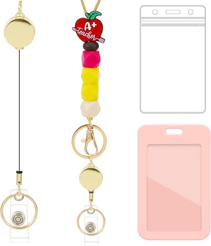 Retractable Lanyard ID Badge Holder - Yellow Bus Lanyard with ID Holder, Cute Teacher Retractable ID Badge Holder with Silicone Beaded Keys Keychain Breakaway Lanyards for Women Nurse Teachers Gifts in Saudi Arabia