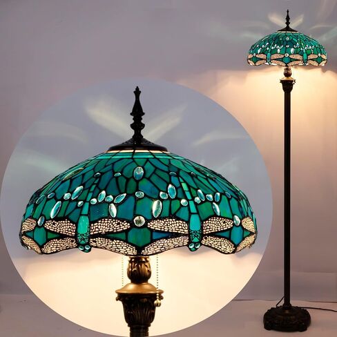 WERFACTORY Tiffany Floor Lamp Dragonfly Green Stained Glass Standing Reading Light 16X16X64 Inches Antique Pole Corner Lamp Decor Bedroom Living Room Home Office S622 Series in Saudi Arabia
