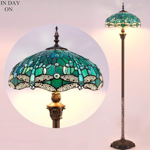 WERFACTORY Tiffany Floor Lamp Dragonfly Green Stained Glass Standing Reading Light 16X16X64 Inches Antique Pole Corner Lamp Decor Bedroom Living Room Home Office S622 Series in Saudi Arabia