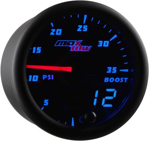 MaxTow Double Vision 35 PSI Turbo Boost Gauge Kit - Includes Electronic Pressure Sensor - Black Gauge Face - Blue LED Illuminated Dial - Analog & Digital Readouts - for Trucks - 2-1/16" 52mm in Kuwait