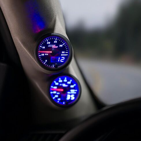 MaxTow Double Vision 35 PSI Turbo Boost Gauge Kit - Includes Electronic Pressure Sensor - Black Gauge Face - Blue LED Illuminated Dial - Analog & Digital Readouts - for Trucks - 2-1/16" 52mm in Kuwait