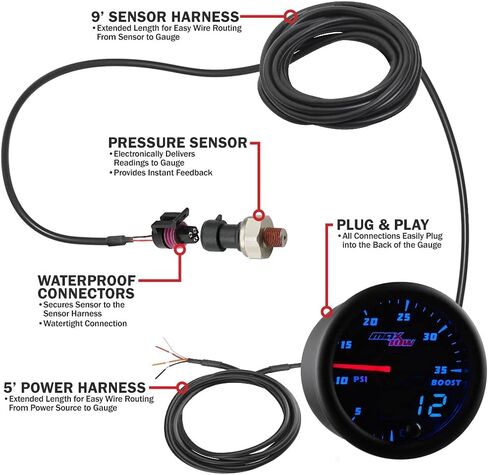 MaxTow Double Vision 35 PSI Turbo Boost Gauge Kit - Includes Electronic Pressure Sensor - Black Gauge Face - Blue LED Illuminated Dial - Analog & Digital Readouts - for Trucks - 2-1/16" 52mm in Kuwait