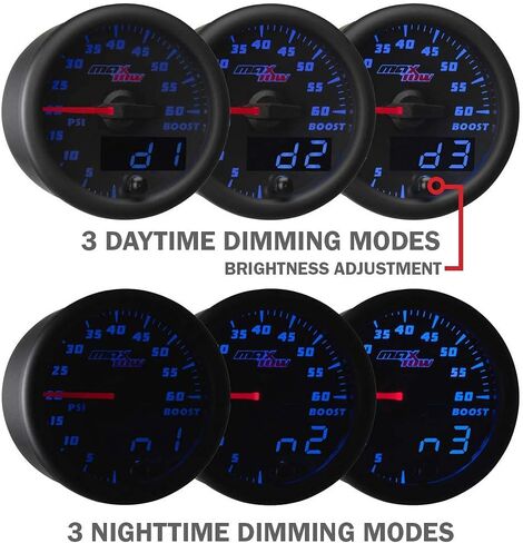 MaxTow Double Vision 35 PSI Turbo Boost Gauge Kit - Includes Electronic Pressure Sensor - Black Gauge Face - Blue LED Illuminated Dial - Analog & Digital Readouts - for Trucks - 2-1/16" 52mm in Kuwait