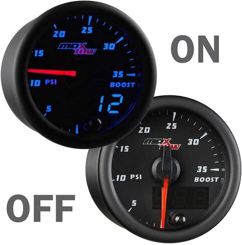 MaxTow Double Vision 35 PSI Turbo Boost Gauge Kit - Includes Electronic Pressure Sensor - Black Gauge Face - Blue LED Illuminated Dial - Analog & Digital Readouts - for Trucks - 2-1/16" 52mm in Kuwait