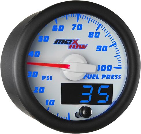 MaxTow Double Vision 100 PSI Fuel Pressure Gauge Kit - Includes Electronic Sensor - White Gauge Face - Blue LED Illuminated Dial - Analog & Digital Readouts - for Trucks - 2-1/16" 52mm in Kuwait