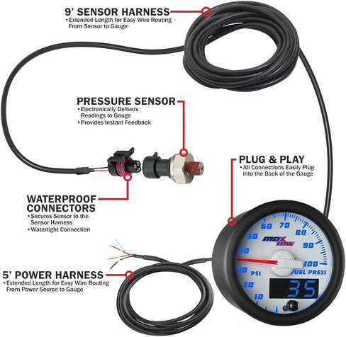 MaxTow Double Vision 100 PSI Fuel Pressure Gauge Kit - Includes Electronic Sensor - White Gauge Face - Blue LED Illuminated Dial - Analog & Digital Readouts - for Trucks - 2-1/16" 52mm in Kuwait
