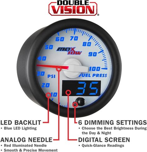 MaxTow Double Vision 100 PSI Fuel Pressure Gauge Kit - Includes Electronic Sensor - White Gauge Face - Blue LED Illuminated Dial - Analog & Digital Readouts - for Trucks - 2-1/16" 52mm in Kuwait