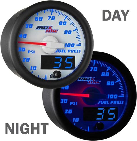 MaxTow Double Vision 100 PSI Fuel Pressure Gauge Kit - Includes Electronic Sensor - White Gauge Face - Blue LED Illuminated Dial - Analog & Digital Readouts - for Trucks - 2-1/16" 52mm in Kuwait