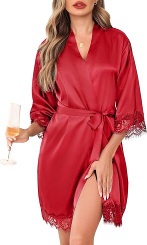 Lovasy Womens Silk Robe Lace Trim 3/4 Sleeve Kimono Robes Lightweight Satin Sexy Bride Bridesmaid Bathrobe Sleepwear S-XXL in Kuwait
