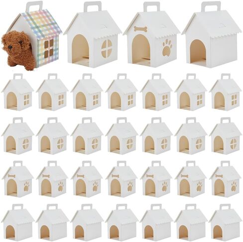 ORIGACH 32 Pcs Dog Party Favors Boxes, 4 Styles House Shaped Foldable Treat Gift Boxes with Holes and Handle for Puppy Birthday Party, Pet Adoption in Saudi Arabia
