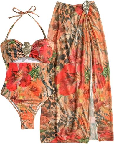 WDIRARA Women's 2 Piece Floral Bikini Sets Cut Out Halter One Piece Swimsuit with Beach Skirt in Saudi Arabia