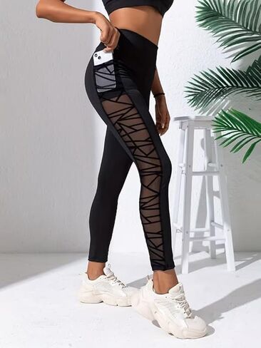 Women's High Waisted Yoga Pants with Mesh Panel & Pockets - Tummy Control Workout Leggings for Gym Running Fitness in Saudi Arabia