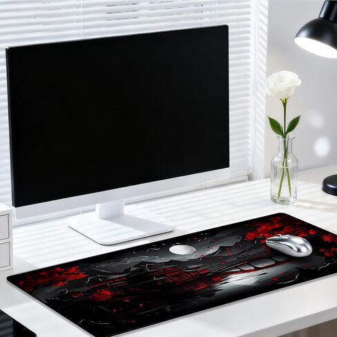 Gaming Mouse Pad 35.4 x 15.7 Inch Black and Red Japanese Desk Pad Stitched Non-Slip Rubber Office Computer Mousepad Thin for Desktop,Laptop,Wireless Mice in Saudi Arabia
