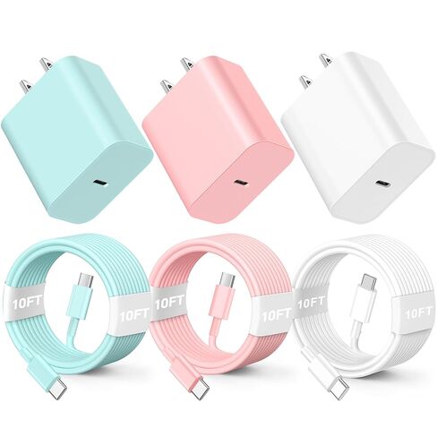 شاحن هاتف 16 15 شحن سريع، 3 عبوات 20 وات USB C شاحن حائط ملون مع كابل USB-C إلى C بطول 6 أقدام متوافق مع iPhone 16 15 Pro/Plus/Pro Max، Pad Pro 12.9/11 بوصة، Pad Air 5th in Kuwait