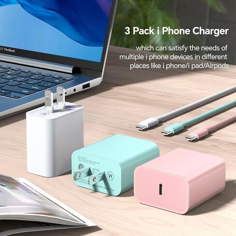 شاحن هاتف 16 15 شحن سريع، 3 عبوات 20 وات USB C شاحن حائط ملون مع كابل USB-C إلى C بطول 6 أقدام متوافق مع iPhone 16 15 Pro/Plus/Pro Max، Pad Pro 12.9/11 بوصة، Pad Air 5th in Kuwait