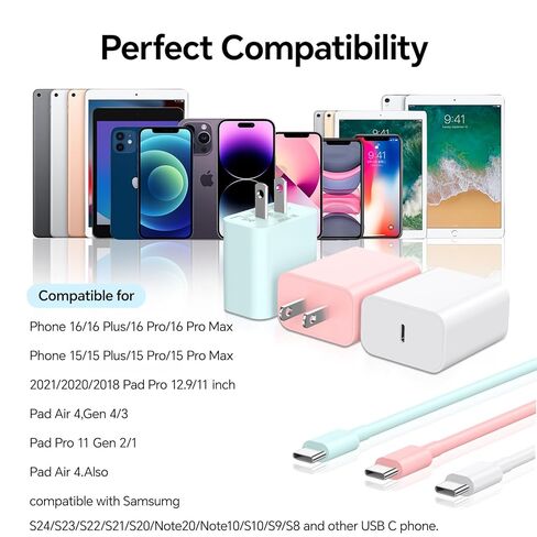 شاحن هاتف 16 15 شحن سريع، 3 عبوات 20 وات USB C شاحن حائط ملون مع كابل USB-C إلى C بطول 6 أقدام متوافق مع iPhone 16 15 Pro/Plus/Pro Max، Pad Pro 12.9/11 بوصة، Pad Air 5th in Kuwait