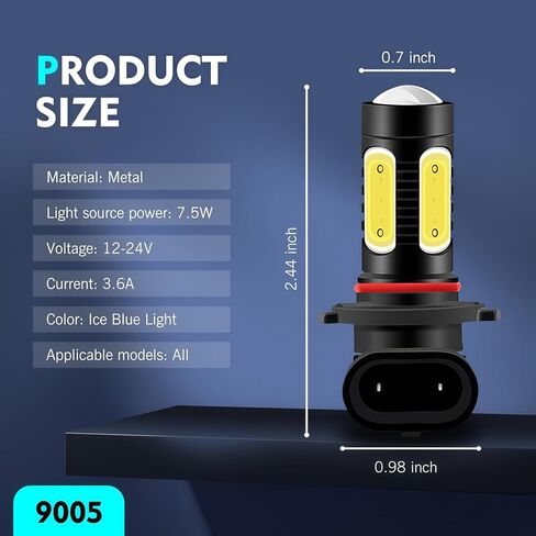 2 PCS Car 9005 LED Bulbs, 6000K High-brightness COB Lamp Beads, Waterproof Replacement Front Fog Lamps with Effective Heat Dissipation Plug and Play, Universal for Cars (Ice Blue) in Kuwait