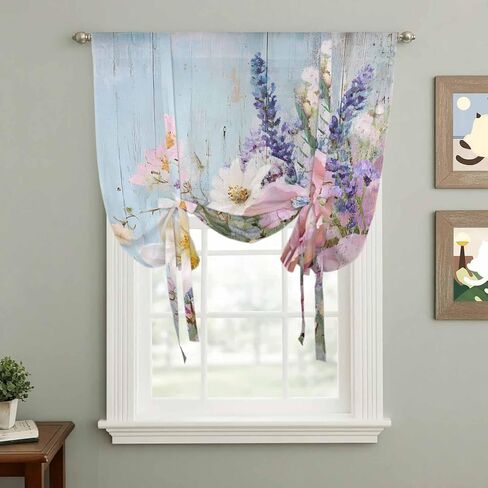 Spring Pink Flower Tie Up Curtains for Window, Lavender Botanical Blue Wood Board Thermal Insulated Balloon Shade Adjustable Rod Pocket Curtains Valance Panels for Kitchen Bathroom Café 52'' x 63'' in Saudi Arabia