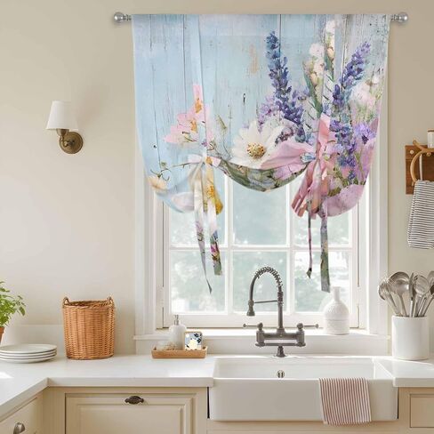 Spring Pink Flower Tie Up Curtains for Window, Lavender Botanical Blue Wood Board Thermal Insulated Balloon Shade Adjustable Rod Pocket Curtains Valance Panels for Kitchen Bathroom Café 52'' x 63'' in Saudi Arabia