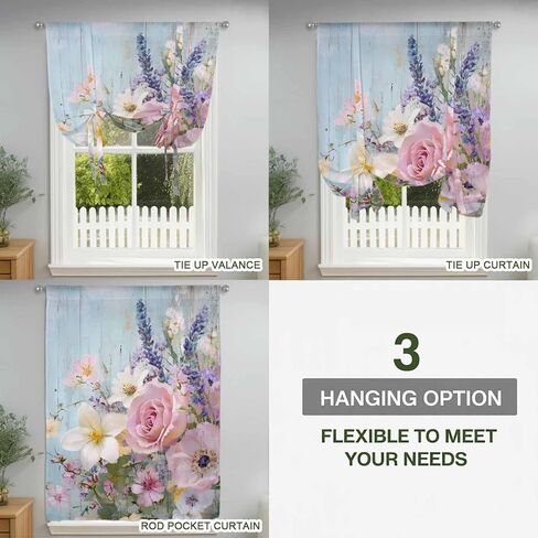 Spring Pink Flower Tie Up Curtains for Window, Lavender Botanical Blue Wood Board Thermal Insulated Balloon Shade Adjustable Rod Pocket Curtains Valance Panels for Kitchen Bathroom Café 52'' x 63'' in Saudi Arabia