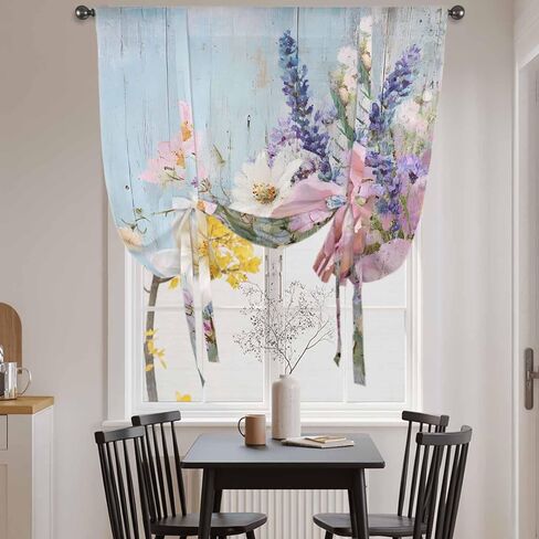 Spring Pink Flower Tie Up Curtains for Window, Lavender Botanical Blue Wood Board Thermal Insulated Balloon Shade Adjustable Rod Pocket Curtains Valance Panels for Kitchen Bathroom Café 52'' x 63'' in Saudi Arabia