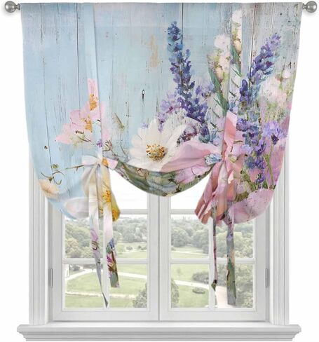 Spring Pink Flower Tie Up Curtains for Window, Lavender Botanical Blue Wood Board Thermal Insulated Balloon Shade Adjustable Rod Pocket Curtains Valance Panels for Kitchen Bathroom Café 52'' x 63'' in Saudi Arabia