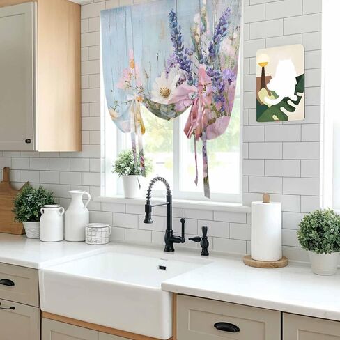 Spring Pink Flower Tie Up Curtains for Window, Lavender Botanical Blue Wood Board Thermal Insulated Balloon Shade Adjustable Rod Pocket Curtains Valance Panels for Kitchen Bathroom Café 52'' x 63'' in Saudi Arabia