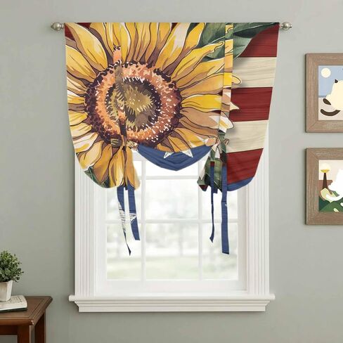 Sunflower America Flag Tie Up Curtains for Window, Farmhouse Retro US Flag Thermal Insulated Balloon Shade Adjustable Rod Pocket Curtains Valance Panels for Kitchen Bathroom Café 52'' x 63'' in Saudi Arabia