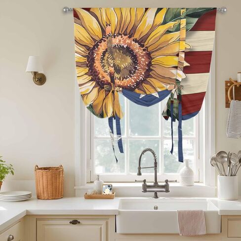 Sunflower America Flag Tie Up Curtains for Window, Farmhouse Retro US Flag Thermal Insulated Balloon Shade Adjustable Rod Pocket Curtains Valance Panels for Kitchen Bathroom Café 52'' x 63'' in Saudi Arabia