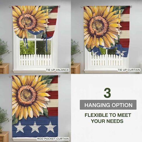 Sunflower America Flag Tie Up Curtains for Window, Farmhouse Retro US Flag Thermal Insulated Balloon Shade Adjustable Rod Pocket Curtains Valance Panels for Kitchen Bathroom Café 52'' x 63'' in Saudi Arabia