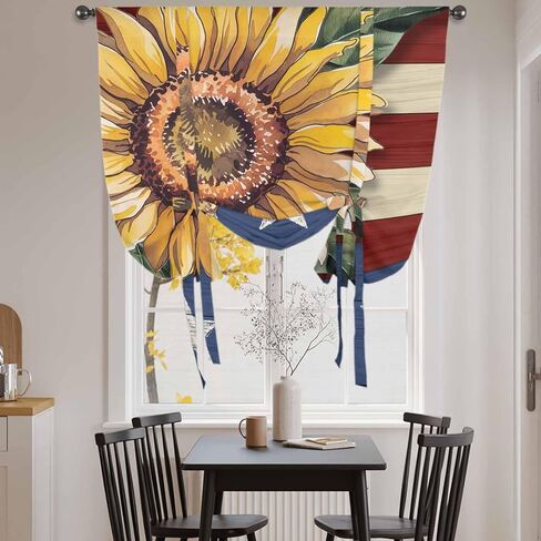 Sunflower America Flag Tie Up Curtains for Window, Farmhouse Retro US Flag Thermal Insulated Balloon Shade Adjustable Rod Pocket Curtains Valance Panels for Kitchen Bathroom Café 52'' x 63'' in Saudi Arabia