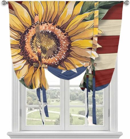 Sunflower America Flag Tie Up Curtains for Window, Farmhouse Retro US Flag Thermal Insulated Balloon Shade Adjustable Rod Pocket Curtains Valance Panels for Kitchen Bathroom Café 52'' x 63'' in Saudi Arabia