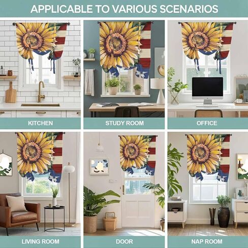 Sunflower America Flag Tie Up Curtains for Window, Farmhouse Retro US Flag Thermal Insulated Balloon Shade Adjustable Rod Pocket Curtains Valance Panels for Kitchen Bathroom Café 52'' x 63'' in Saudi Arabia