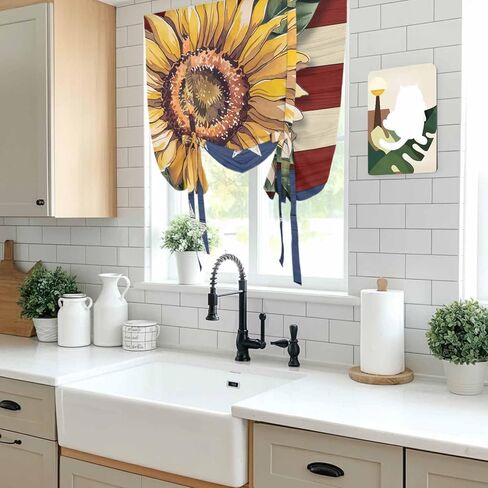 Sunflower America Flag Tie Up Curtains for Window, Farmhouse Retro US Flag Thermal Insulated Balloon Shade Adjustable Rod Pocket Curtains Valance Panels for Kitchen Bathroom Café 52'' x 63'' in Saudi Arabia