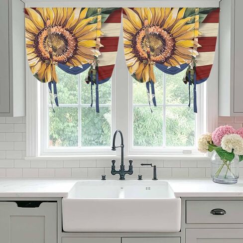 Sunflower America Flag Tie Up Curtains for Window, Farmhouse Retro US Flag Thermal Insulated Balloon Shade Adjustable Rod Pocket Curtains Valance Panels for Kitchen Bathroom Café 52'' x 63'' in Saudi Arabia