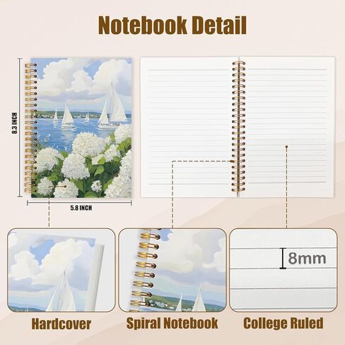 WUCHJ Coastal Beach White Hydrangea Floral Notebook, Nautical Sailboat Ocean Journal, Hydrangea Flower Spiral Notebook Journal for Note Taking, Beach Office Supplies, 5.5x8.3 Inch in Saudi Arabia