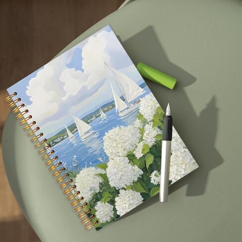 WUCHJ Coastal Beach White Hydrangea Floral Notebook, Nautical Sailboat Ocean Journal, Hydrangea Flower Spiral Notebook Journal for Note Taking, Beach Office Supplies, 5.5x8.3 Inch in Saudi Arabia