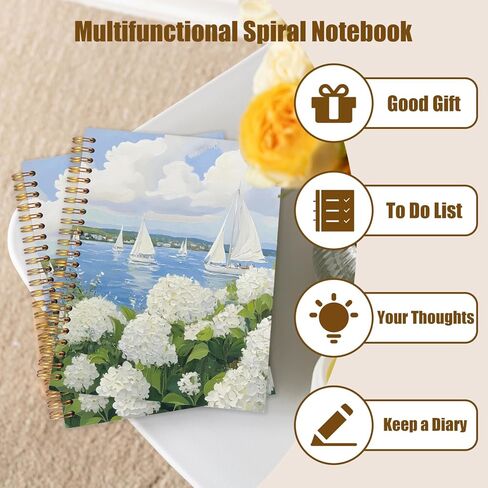 WUCHJ Coastal Beach White Hydrangea Floral Notebook, Nautical Sailboat Ocean Journal, Hydrangea Flower Spiral Notebook Journal for Note Taking, Beach Office Supplies, 5.5x8.3 Inch in Saudi Arabia