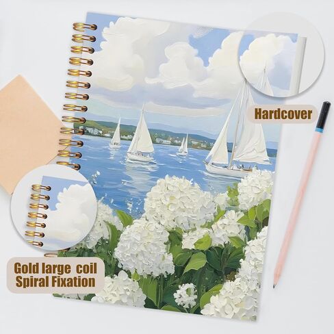 WUCHJ Coastal Beach White Hydrangea Floral Notebook, Nautical Sailboat Ocean Journal, Hydrangea Flower Spiral Notebook Journal for Note Taking, Beach Office Supplies, 5.5x8.3 Inch in Saudi Arabia
