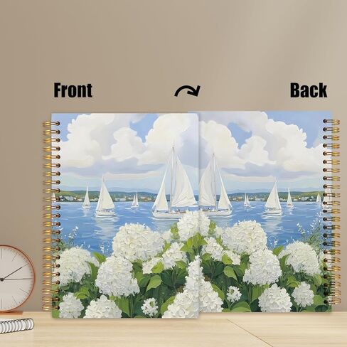 WUCHJ Coastal Beach White Hydrangea Floral Notebook, Nautical Sailboat Ocean Journal, Hydrangea Flower Spiral Notebook Journal for Note Taking, Beach Office Supplies, 5.5x8.3 Inch in Saudi Arabia
