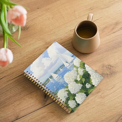 WUCHJ Coastal Beach White Hydrangea Floral Notebook, Nautical Sailboat Ocean Journal, Hydrangea Flower Spiral Notebook Journal for Note Taking, Beach Office Supplies, 5.5x8.3 Inch in Saudi Arabia