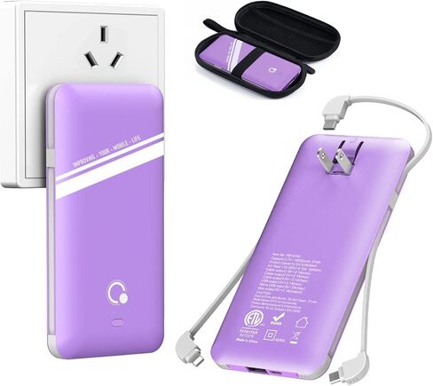 10000mAh Power Bank, Q Slim Portable Charger,4 Output External Battery Pack with Built-in AC Wall Plug Micro USB C Three Cables Compatible with All Kinds of mobilephone (Pink) in Kuwait