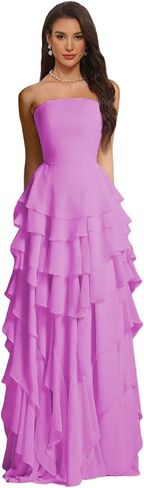 Strapless Tiered Bridesmaid Dresses for Women Cascading Ruffle Prom Dress Chiffon Evening Party Gown Formal 2026 in Saudi Arabia