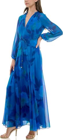 Taylor Women's Long Sleeve V-Neck Floral Print Braided Belt Sheath Maxi Dress in Saudi Arabia