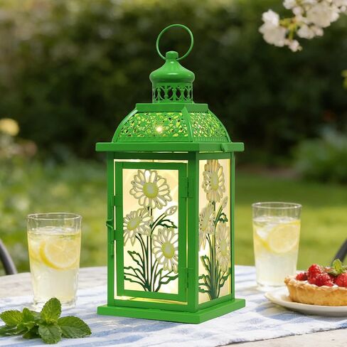 DECORKEY Spring Decorations for Home, 14.4" Decorative Daisy Green Lantern with 61" LED Lights(No Battery) for Home Indoor Outdoor Decor, Hanging Metal Candle Holders for Spring St.Patrick’s Day Gift in Kuwait