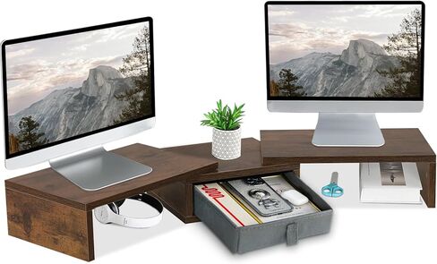 TEAMIX White Dual Monitor Stand Riser with Drawer - Length and Angle Adjustable Double Corner Desk Shelf Organizer 37 inch Long for 2 Laptop/PC/Screen/TV in Kuwait